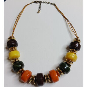 Artisan Beaded Statement‎ Necklace Multi Color Chunky Resin Gold Tone